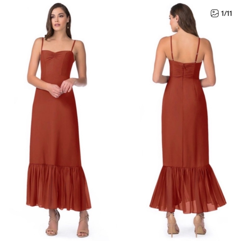 Azazie Justina Bridesmaid Ruffle Hem Midi Dress Rust